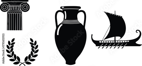 Ancient Greek elements with black amphora pottery column laurel wreath and trireme ship vector illustration 