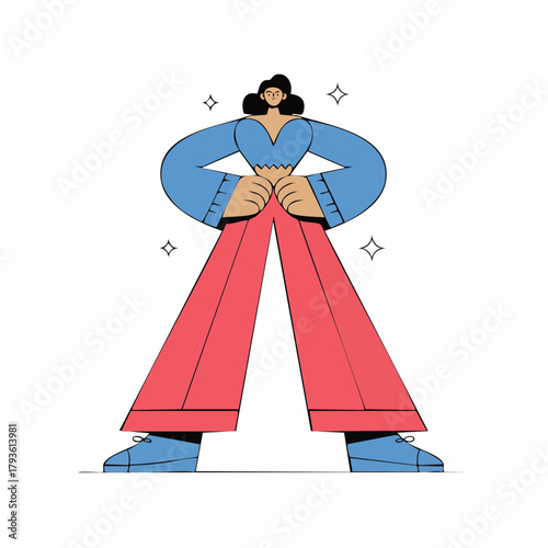 bold stance confidence figure: oversized limbs, playful spark motifs, pop-color modern empowerment illustration; confident character, oversized arms, triangular trousers, red pants, blue shirt
