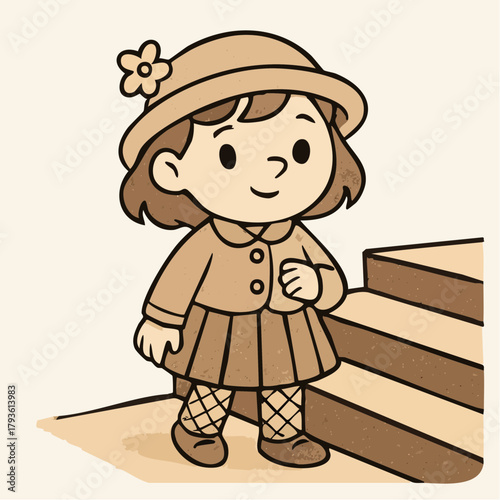 sepia stairway child: vintage hat, floral button coat, pleated skirt, nostalgic toddling vignette