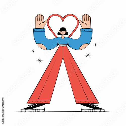 big-hearted geom figure jubilant arm-heart pose pop-color wardrobe playful spark motifs
