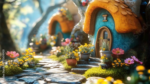 Whimsical Cottage and Enchanted Garden in Vibrant Fairy Tale Fantasy Landscape