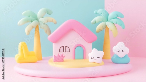 Playful House with Pastel Colors and Artistic Sculpture in Whimsical Design Featuring Cute Decorations and Soft Shapes for a Tropical Theme