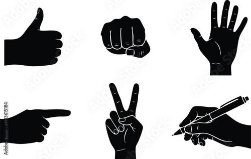 Hand gestures and writing hand vector icons in black silhouette style for communication and expression concepts 