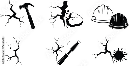 Construction Hammer Cracks Hard Hat Safety Equipment Vector Illustration in Black and White 
