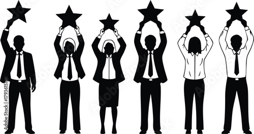 Group of business people holding stars as symbols of achievement and success in black silhouette style vector illustration 