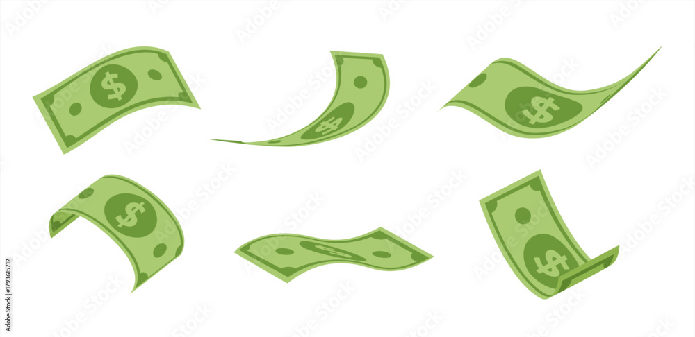 Obraz premium Falling dollar banknotes, money rain, flat vector illustration isolated on white background. Vector 10 eps.