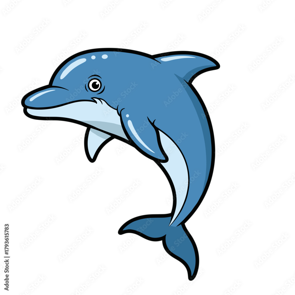 Fototapeta premium Cartoon dolphin jumping in blue color on a white background