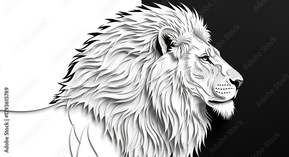Obraz premium Majestic lion head in profile, rendered in a striking black and white contrast, symbolizing power and nobility