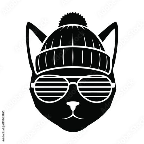 cat head with winter cap and sunglass vector illustration.eps