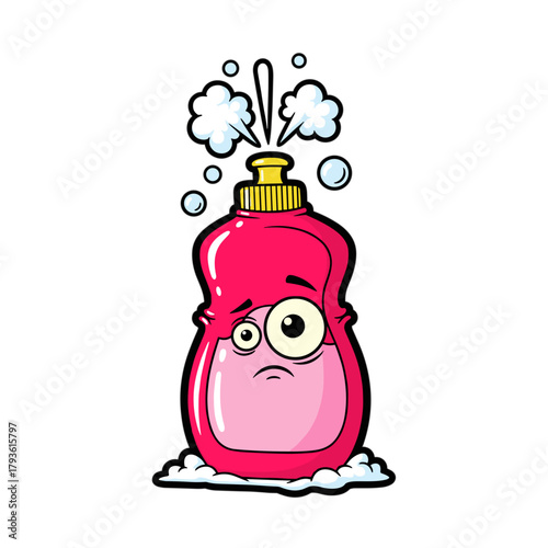 Cartoon dish soap bottle with exaggerated features expressing sadness on a white background