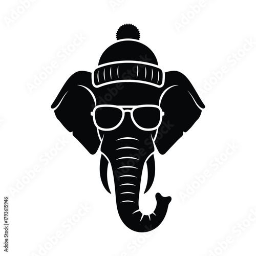 Elephant head with winter cap and sunglass vector illustration.eps