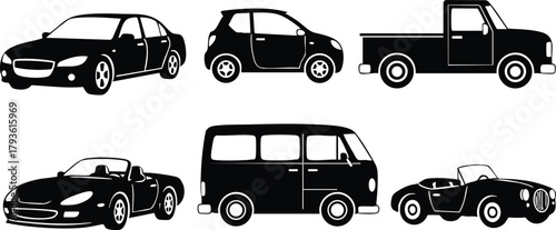 Six different types of black silhouette cars including sedan, compact, pickup, convertible, van, and roadster vector illustration 