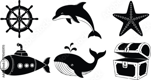 Nautical icons set with ship wheel dolphin starfish submarine whale and treasure chest vector illustration 