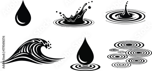 Water drop and wave vector illustrations with splash and ripple effects in black and white design 