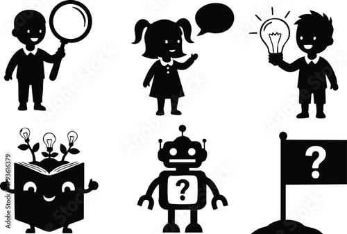 Children and robot icons with question marks representing curiosity and ideas in black silhouette vector illustration 