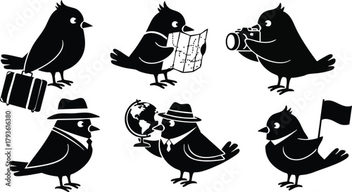 Black silhouette birds with travel accessories including suitcase map camera globe and flag vector illustration 