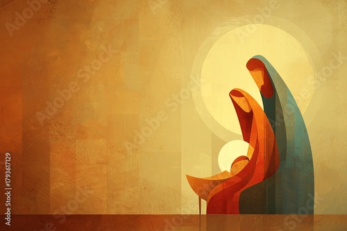 Illustration of Silhouettes of Mary and Joseph cradle baby Jesus, bathed in soft light, capturing the nativity tenderness. The image conveys spirituality, warmth, and sacred simplicity.