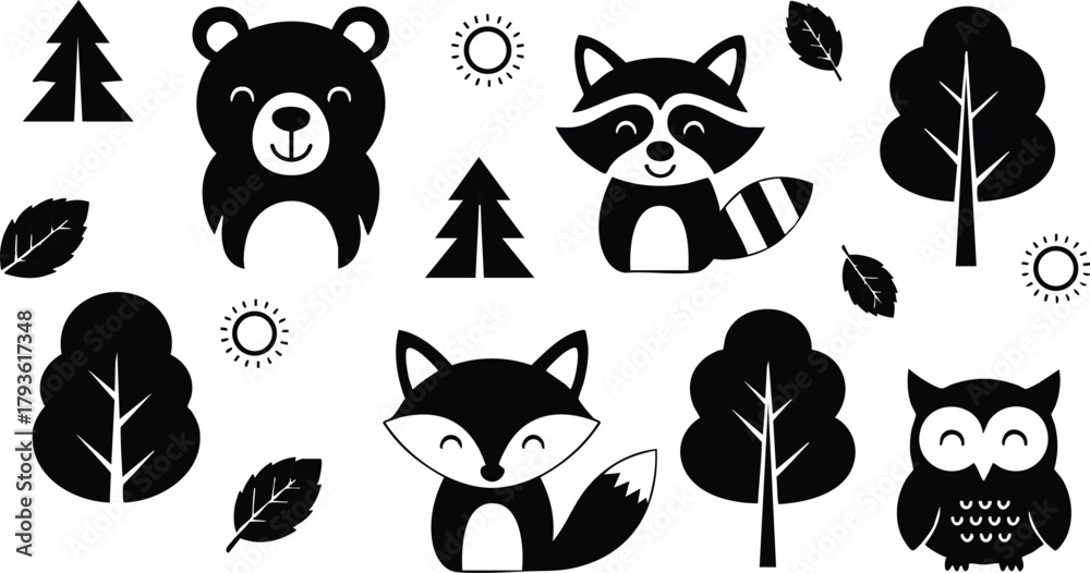 Obraz premium Cute forest animals and trees vector set with bear, raccoon, fox, owl and deciduous trees in silhouette style