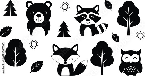 Cute forest animals and trees vector set with bear, raccoon, fox, owl and deciduous trees in silhouette style 