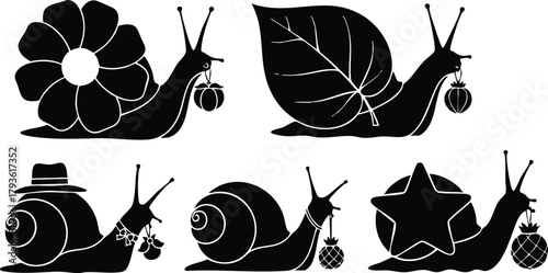 Snail silhouettes with various shell shapes and lanterns holding diverse decorative elements vector illustration 