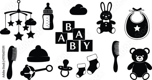 Baby items collection with toys, feeding bottle, pacifier, socks, bib, comb, and teddy bear silhouette vector illustration 