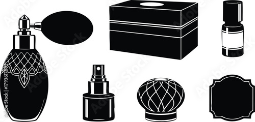 Vintage perfume bottles and cosmetic containers vector illustration with atomizer and jar design elements 