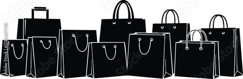 Collection of black shopping bags with handles in various sizes for retail and shopping purposes 