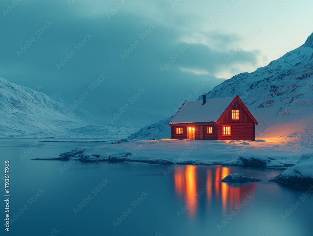 Fototapeta premium A cozy red cabin glows warmly by a snowy lake, reflecting tranquility, solitude, and winter beauty. The image conveys peace, adventure, and picturesque serenity.
