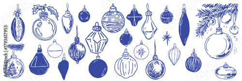 Hand drawn Christmas bauble illustrations in vintage sketch style for festive decoration and holiday design