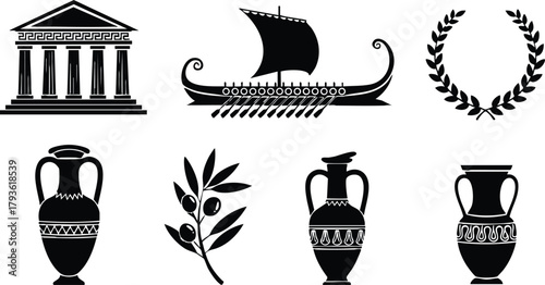 Ancient Greek symbols including temple, trireme ship, laurel wreath, amphora vases, and olive branch vector illustration 