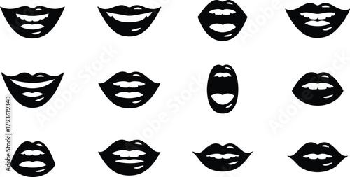 Various mouth expressions vector set showing lips in different emotional states and speaking actions 