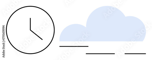 Clock indicating time alongside a cloud with simple lines suggesting data flow. Ideal for productivity, scheduling, efficiency, cloud storage, innovation, organization, technology. Simple flat