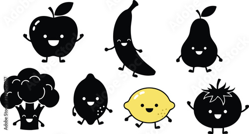 Cute happy fruit and vegetable characters vector illustration with apple lemon banana pear broccoli tomato and lemon 
