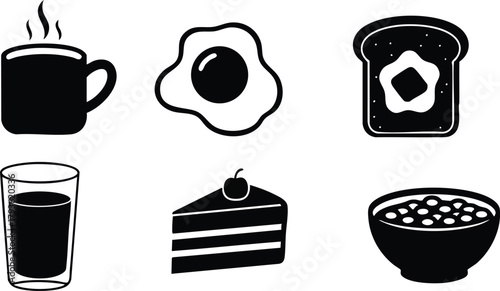 Breakfast food icons set with coffee cup fried egg toast glass juice cake and cereal bowl vector illustration 
