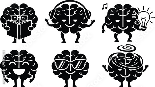 Human brain icons showing different emotions and activities in creative black silhouette style vector illustration 