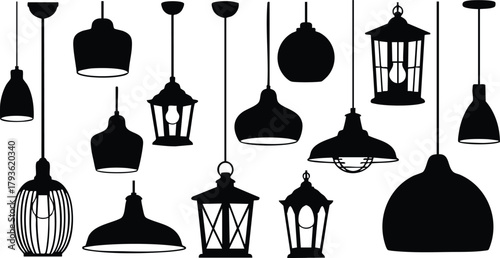 Various hanging lamps and lanterns silhouette vector illustration with diverse shapes and designs for lighting decoration ideas 