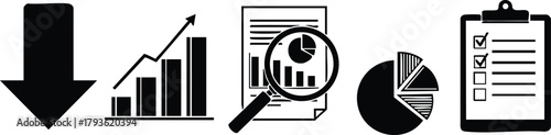 Business analytics and data report icons with downward arrow and checklist vector illustration 