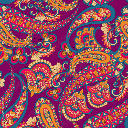 Floral seamless pattern with paisley ornament. Vector illustration in asian textile style