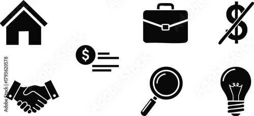 Business and finance icons set with house briefcase handshake magnifying glass and lightbulb vector illustration 