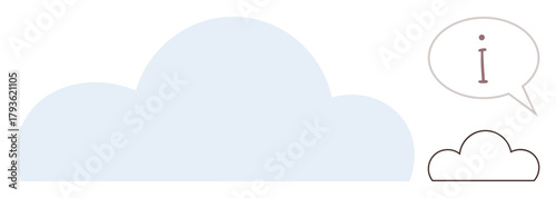 Large blue cloud with a speech bubble containing the letter i above a smaller cloud. Ideal for data, technology, communication, storage, information exchange, simplicity, and minimalism. Flat simple