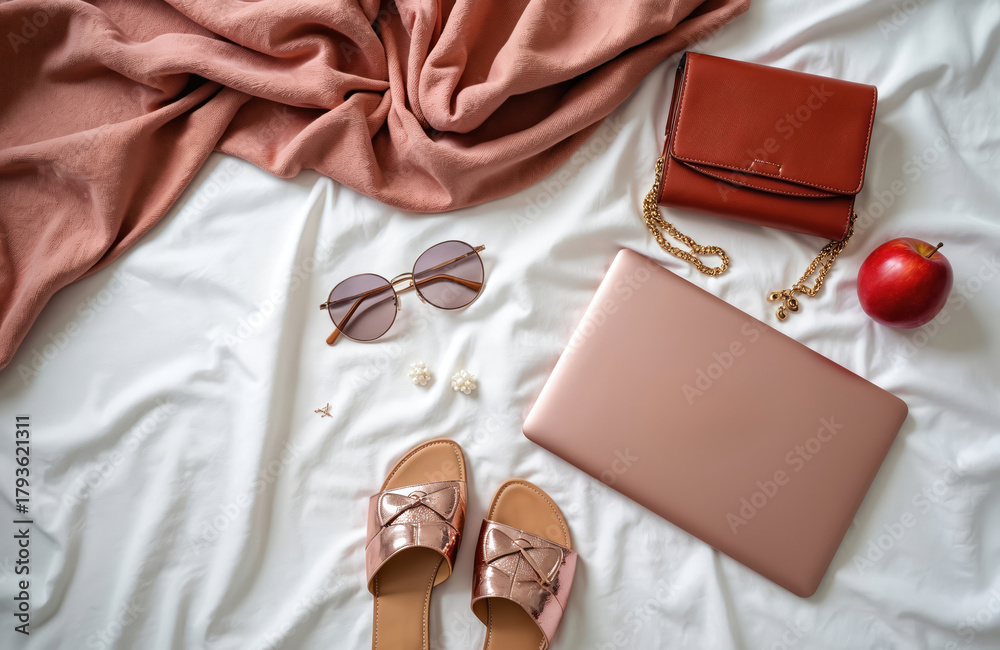 Obraz premium Flat lay of female fashion accessories, digital device on white bedsheet. Woman things as sunglasses jewelry purse laptop apple sandals, pink scarf creating cozy home office workspace. Girl boss