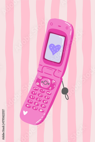 Colorful sticker of old mobile phone in girly kawaii Y2k style. Korean pop culture illustration. Hand drawn print of flip phone for planner, scrapbooking, social media, merch design.