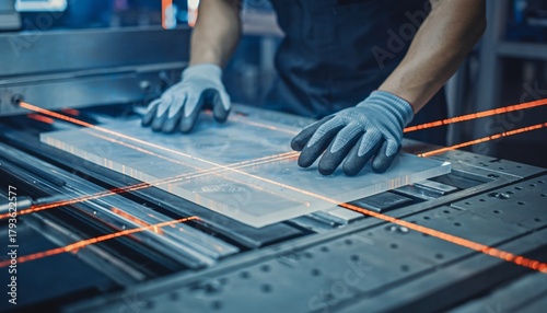 A factory worker in protective gloves operates a high-tech laser machine, precisely positioning a glass panel.