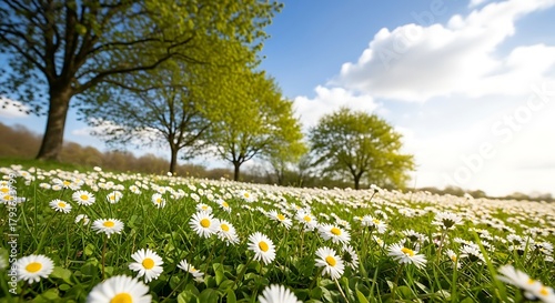 Fototapeta Naklejka Na Ścianę i Meble -  Vast meadow filled with blooming daisies under a bright blue sky with fluffy clouds