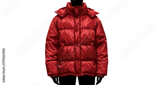 Red puffer jacket displayed on a mannequin isolated on white background  