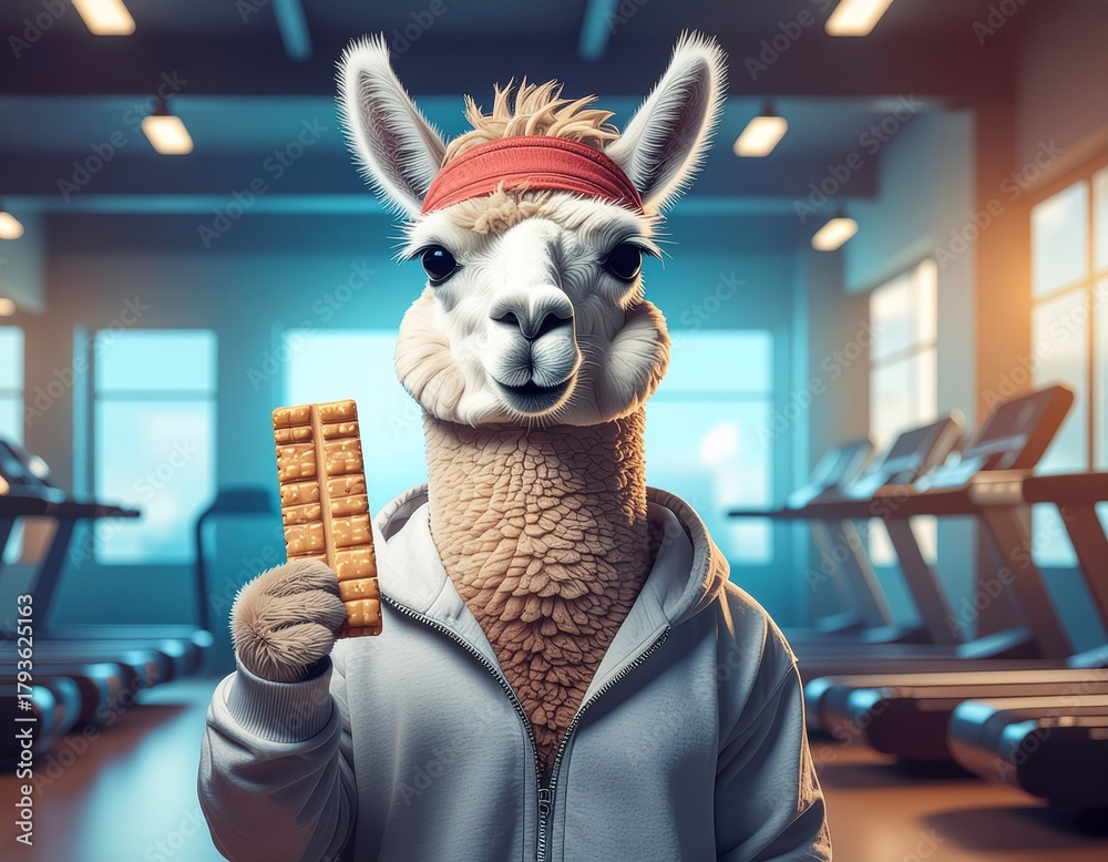 Obraz premium Friendly llama in sportswear holds a granola bar at the gym