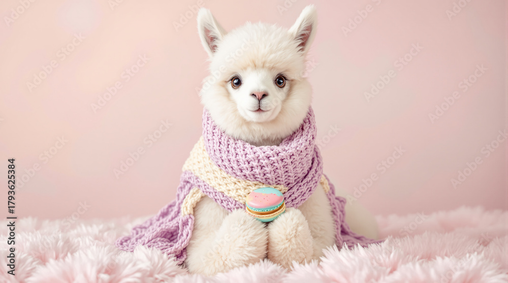 Obraz premium Sweet white alpaca puppy in a cozy purple and cream scarf holding a macaron on a soft pink blanket