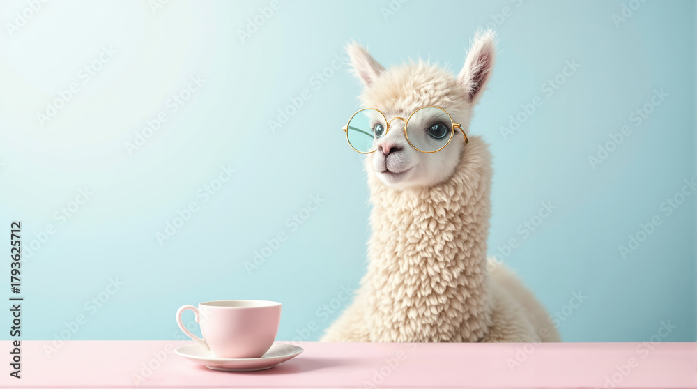 Obraz premium Adorable alpaca wearing round glasses sits at a pink table with a teacup on a light blue background