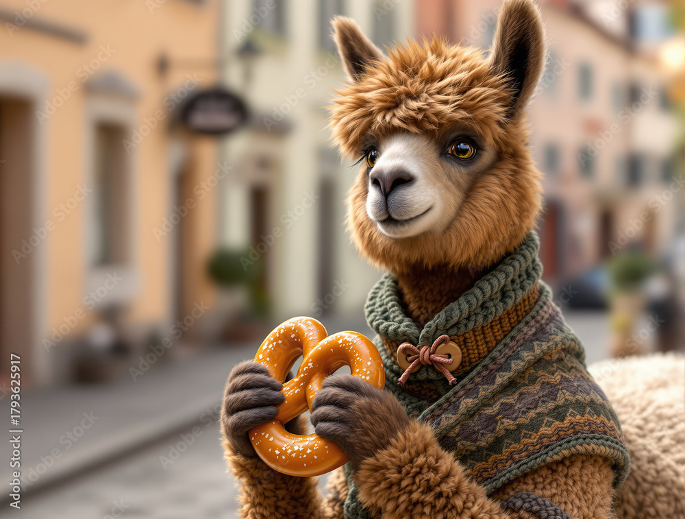 Obraz premium Smiling alpaca in a cozy sweater holding a golden pretzel on a picturesque street