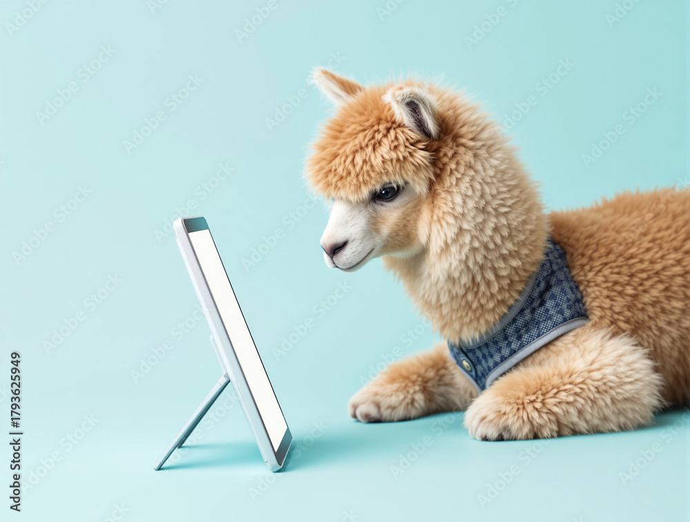 Obraz premium Baby alpaca curiously looking at a tablet on a light blue background